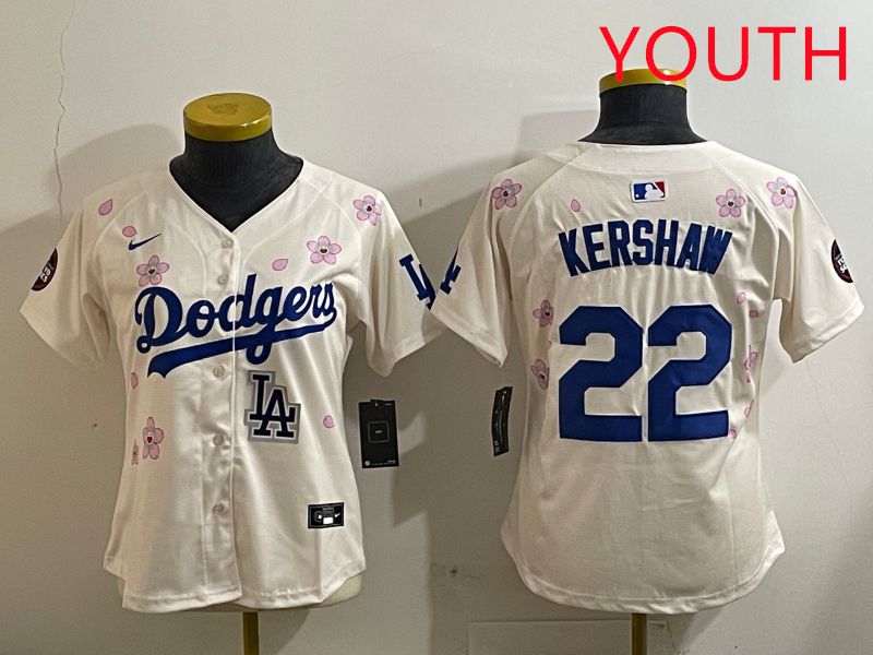 Youth Los Angeles Dodgers #22 Kershaw Cream Sakura Edition 2025 Nike MLB Jersey style 10->youth mlb jersey->Youth Jersey